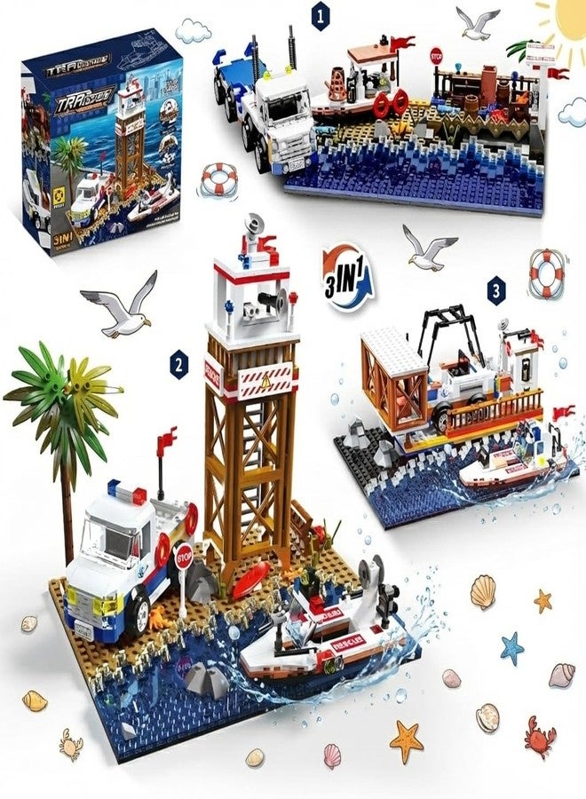 Mov stone 3 in 1 Flatbed Truck Coastal Scene Building Set - Fishing Dock, Police Beach Rescue & Cargo Port Diorama, Compatible with Lego Police Sets, Display Build for Teens & Adults (750 Pieces) - Image 1